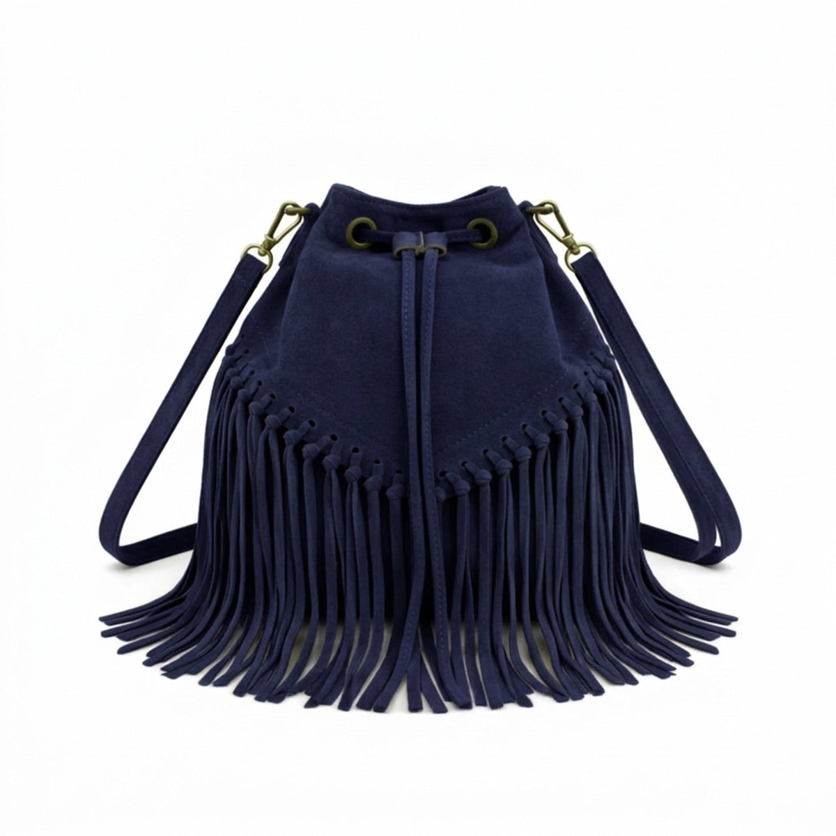 Soft Real Suede Leather Boho Fringe Bucket Shoulder Bag: BROWN
