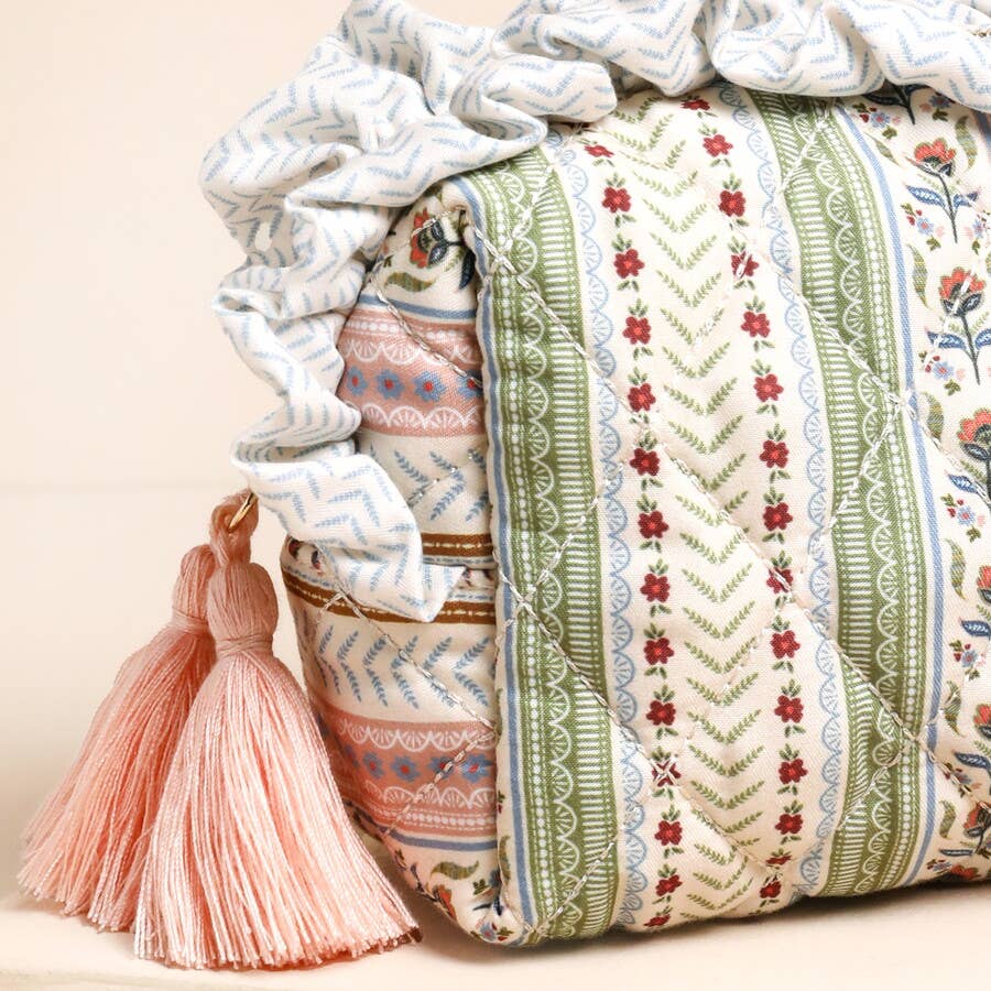 Green and Pink Floral Quilted Small Washbag