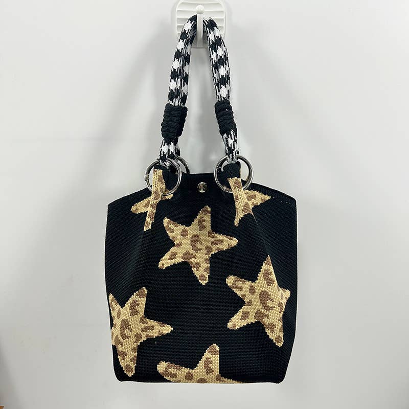 Leopard Star Canvas Tote Bag with Rope Handles: Black