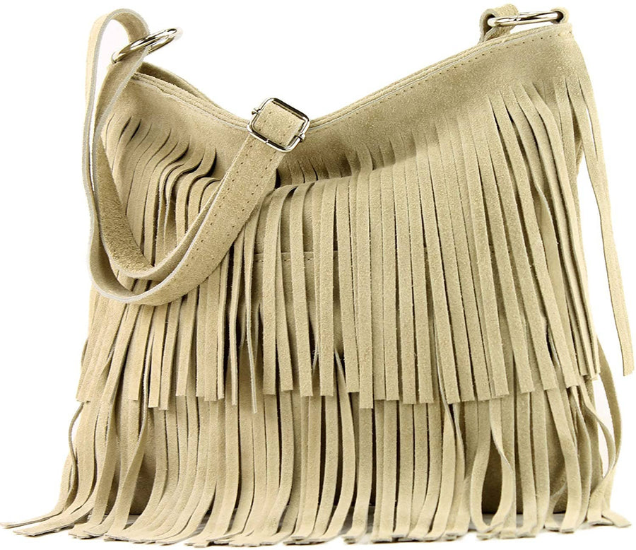 Italian Suede Leather Fringed Shoulder Crossbody Bag: Beige