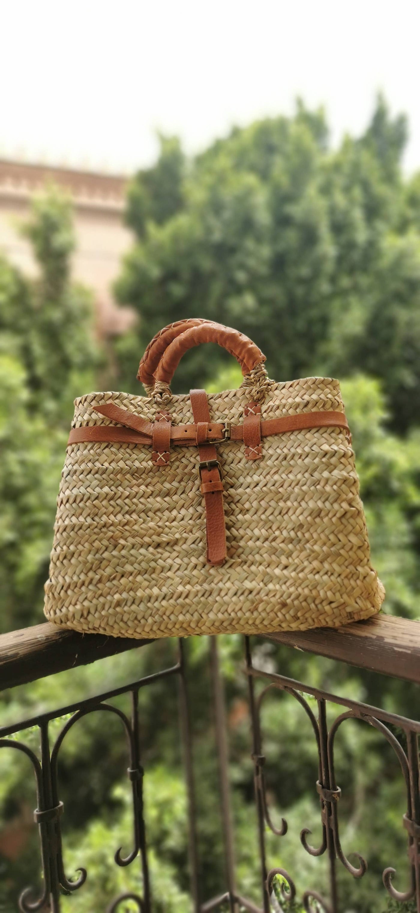 Handwoven Palm Leaf Beach Bag with Leather Handles