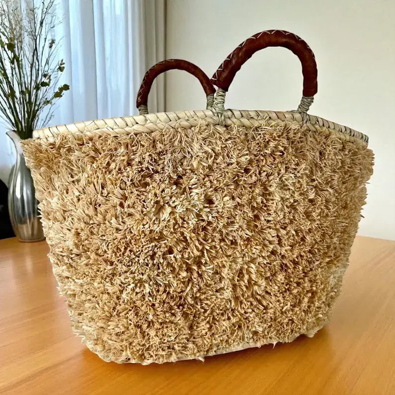 Handwoven Moroccan Palm Leaf Basket with Raffia Detail