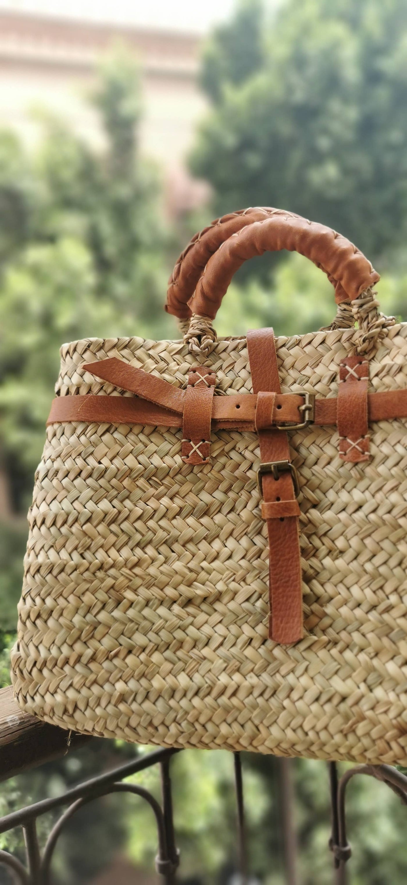 Handwoven Palm Leaf Beach Bag with Leather Handles