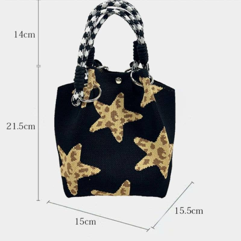 Leopard Star Canvas Tote Bag with Rope Handles: Black