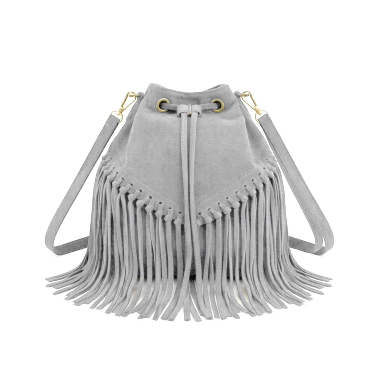 Soft Real Suede Leather Boho Fringe Bucket Shoulder Bag: BROWN