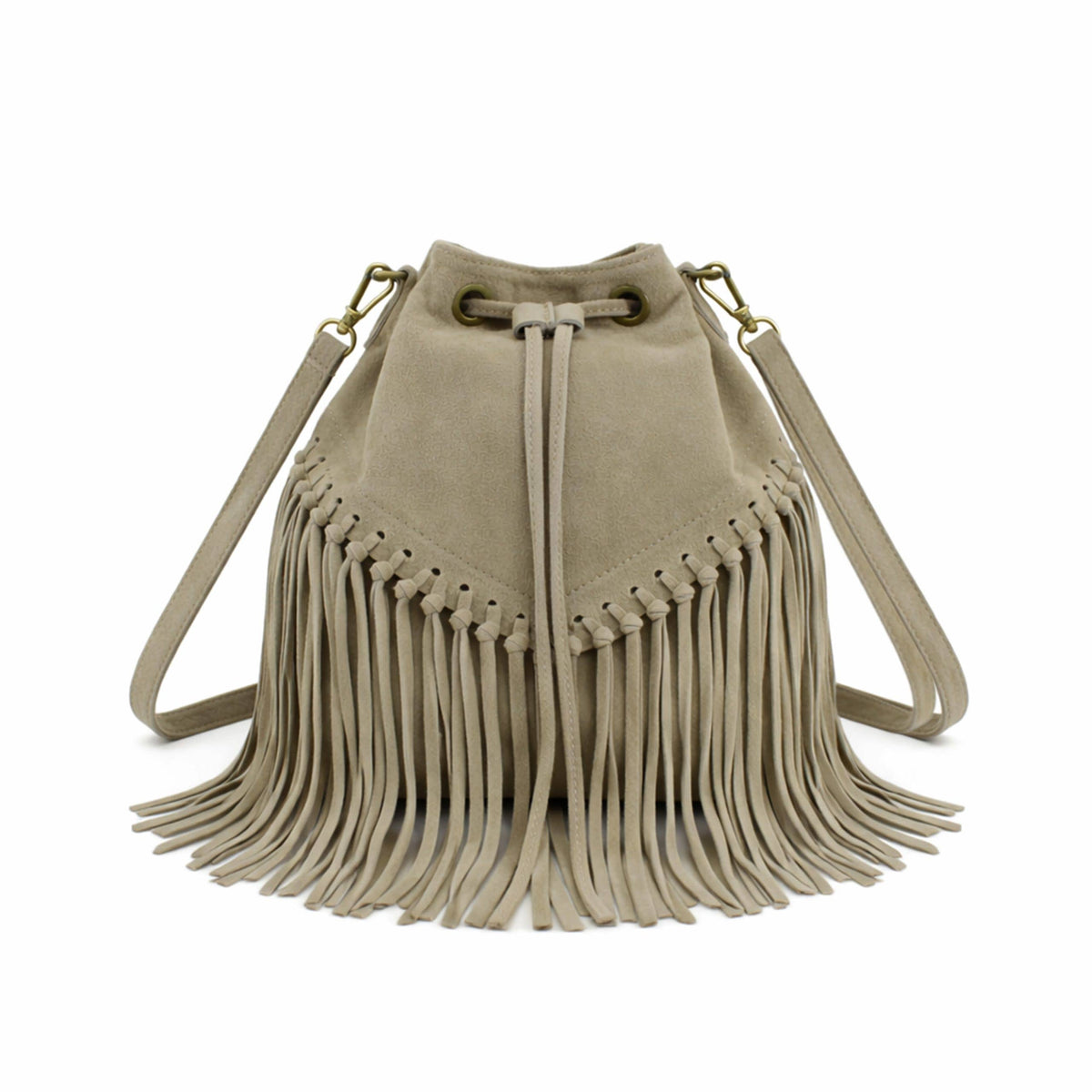 Soft Real Suede Leather Boho Fringe Bucket Shoulder Bag: KHAKI