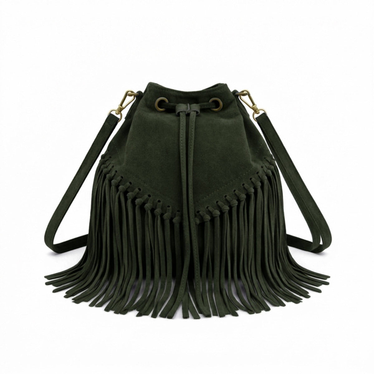Soft Real Suede Leather Boho Fringe Bucket Shoulder Bag: BROWN