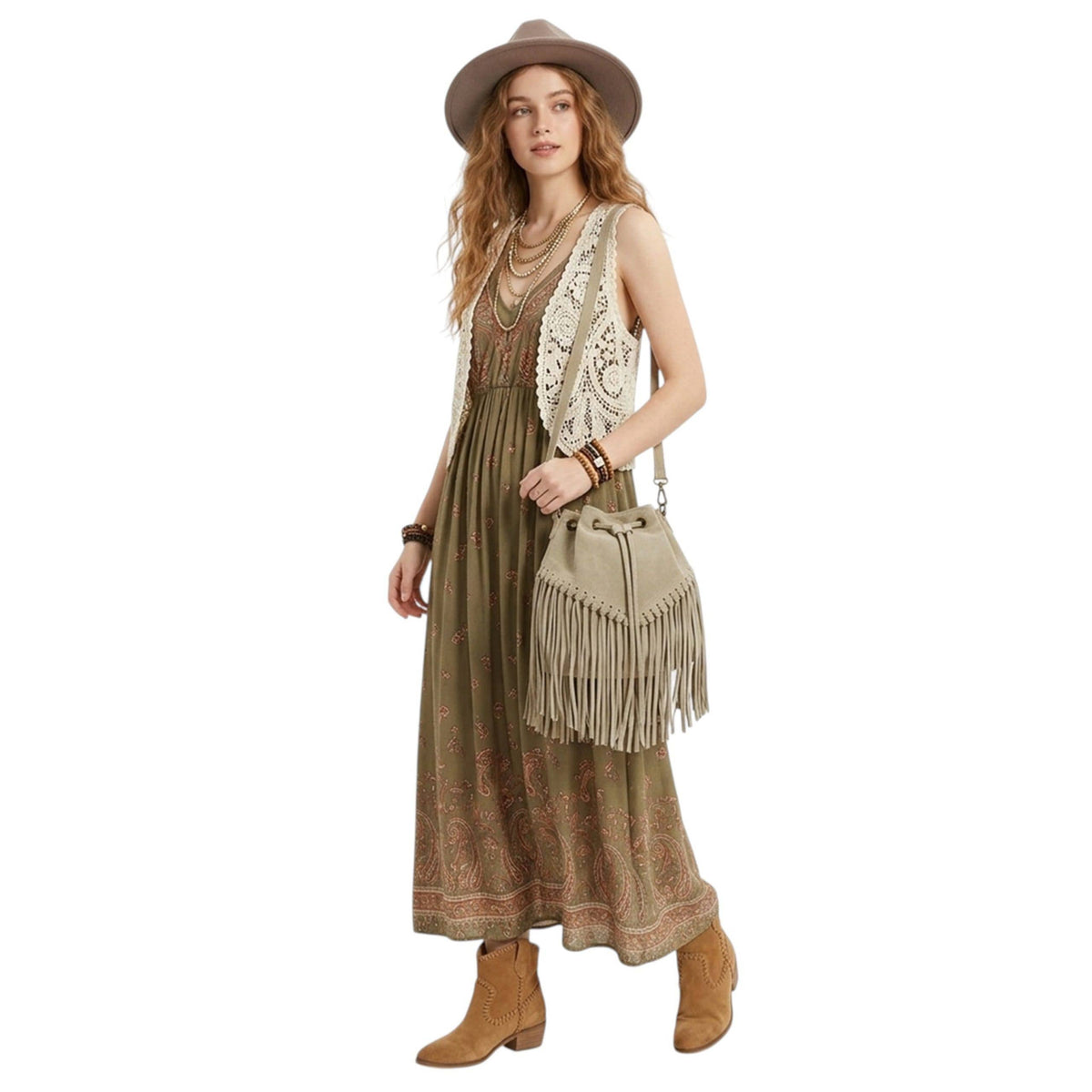 Soft Real Suede Leather Boho Fringe Bucket Shoulder Bag: KHAKI