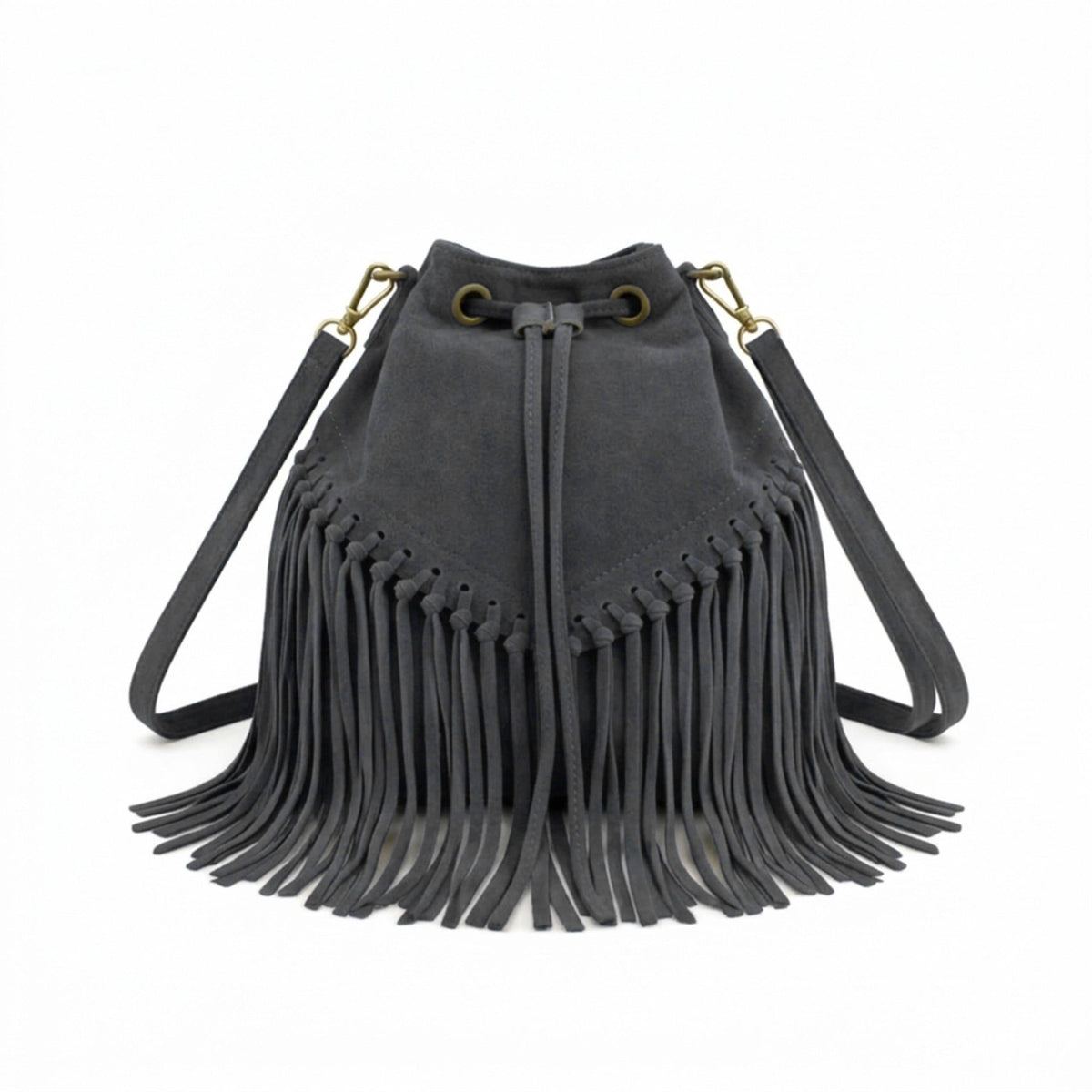 Soft Real Suede Leather Boho Fringe Bucket Shoulder Bag: BROWN