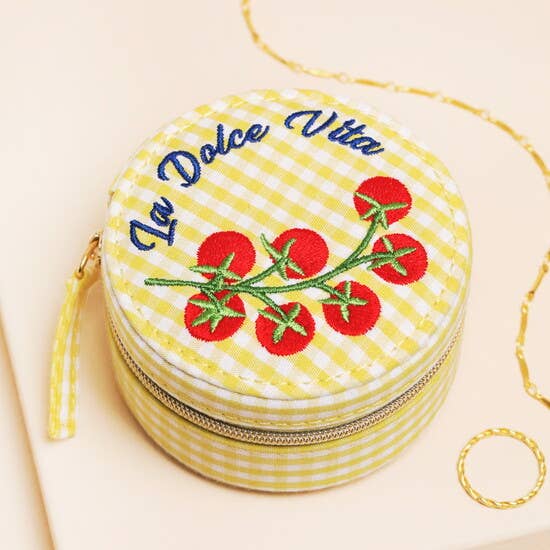 Yellow Gingham and Tomato Embroidery Round Travel Jewellery