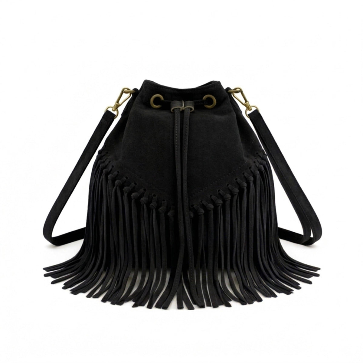 Soft Real Suede Leather Boho Fringe Bucket Shoulder Bag: BROWN