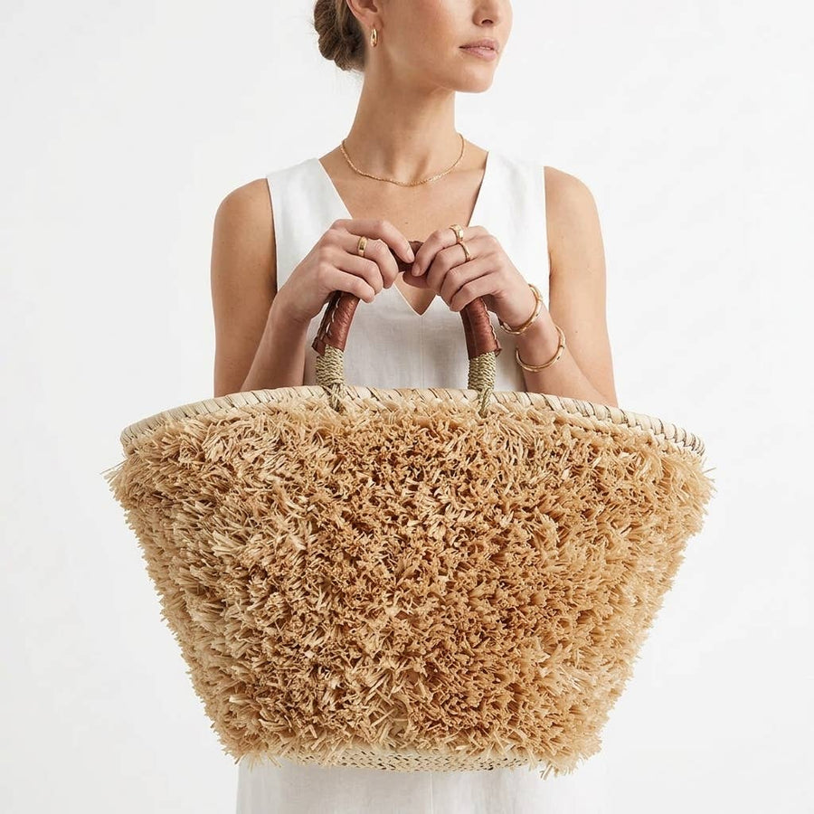 Handwoven Moroccan Palm Leaf Basket with Raffia Detail