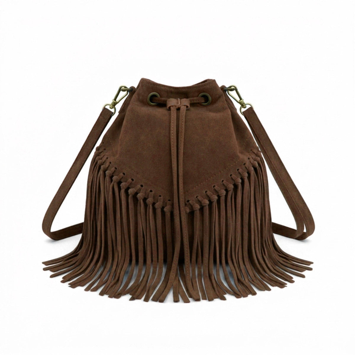 Soft Real Suede Leather Boho Fringe Bucket Shoulder Bag: COFFEE