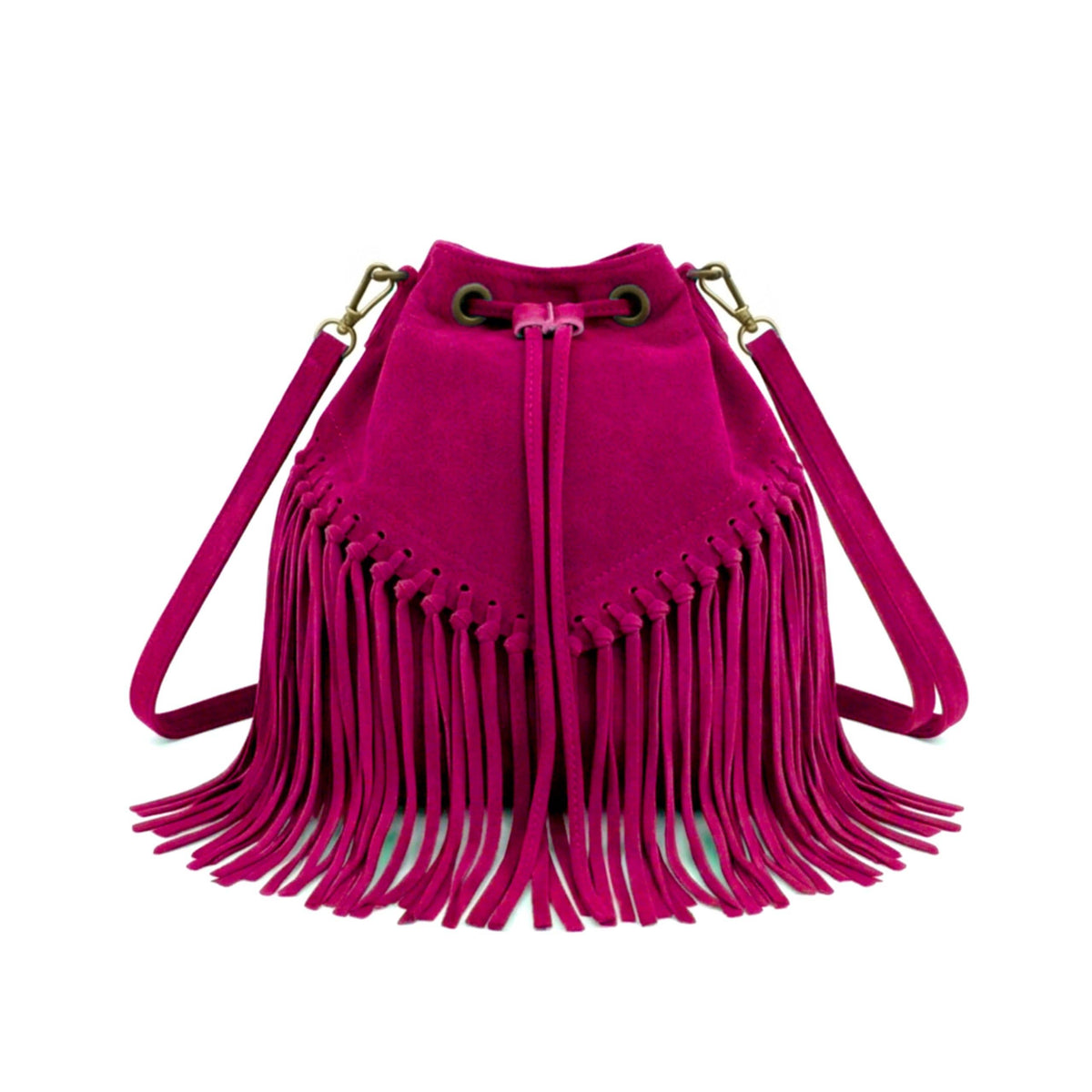 Soft Real Suede Leather Boho Fringe Bucket Shoulder Bag: BROWN