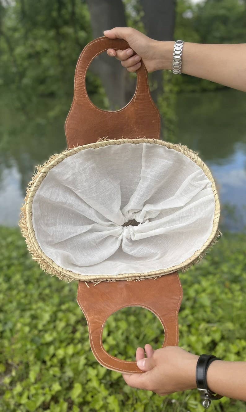 Handwoven Moroccan Palm Leaf Basket with Raffia Detail