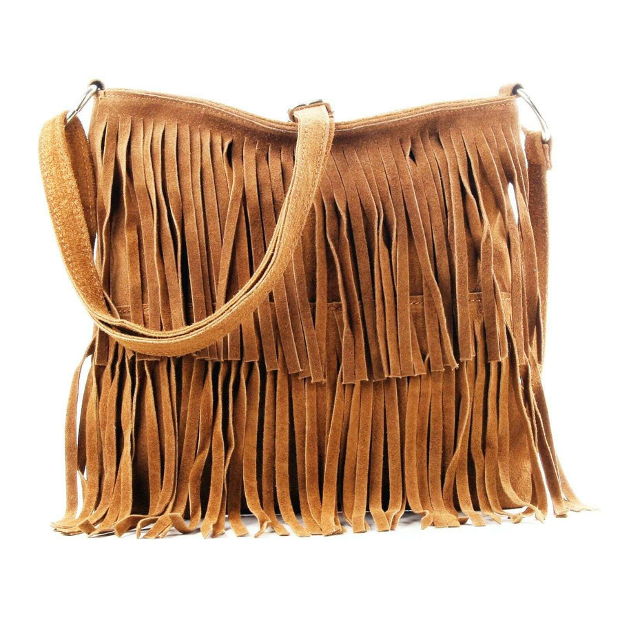 Italian Suede Leather Fringed Shoulder Crossbody Bag: Brown