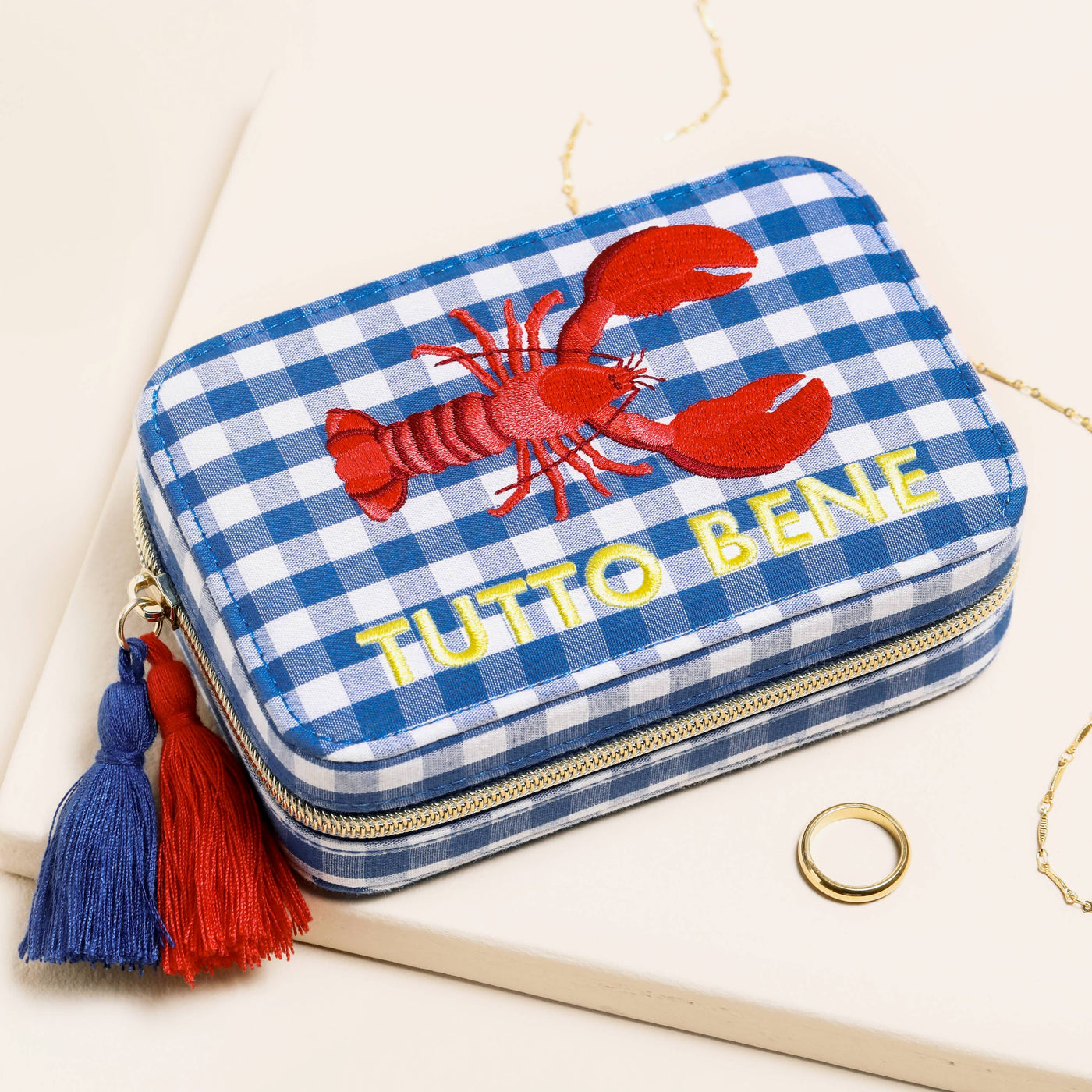 Blue Gingham and Lobster Print Rectangular Travel Jewellery