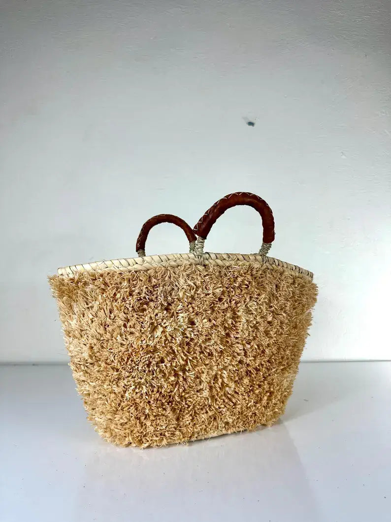 Handwoven Moroccan Palm Leaf Basket with Raffia Detail