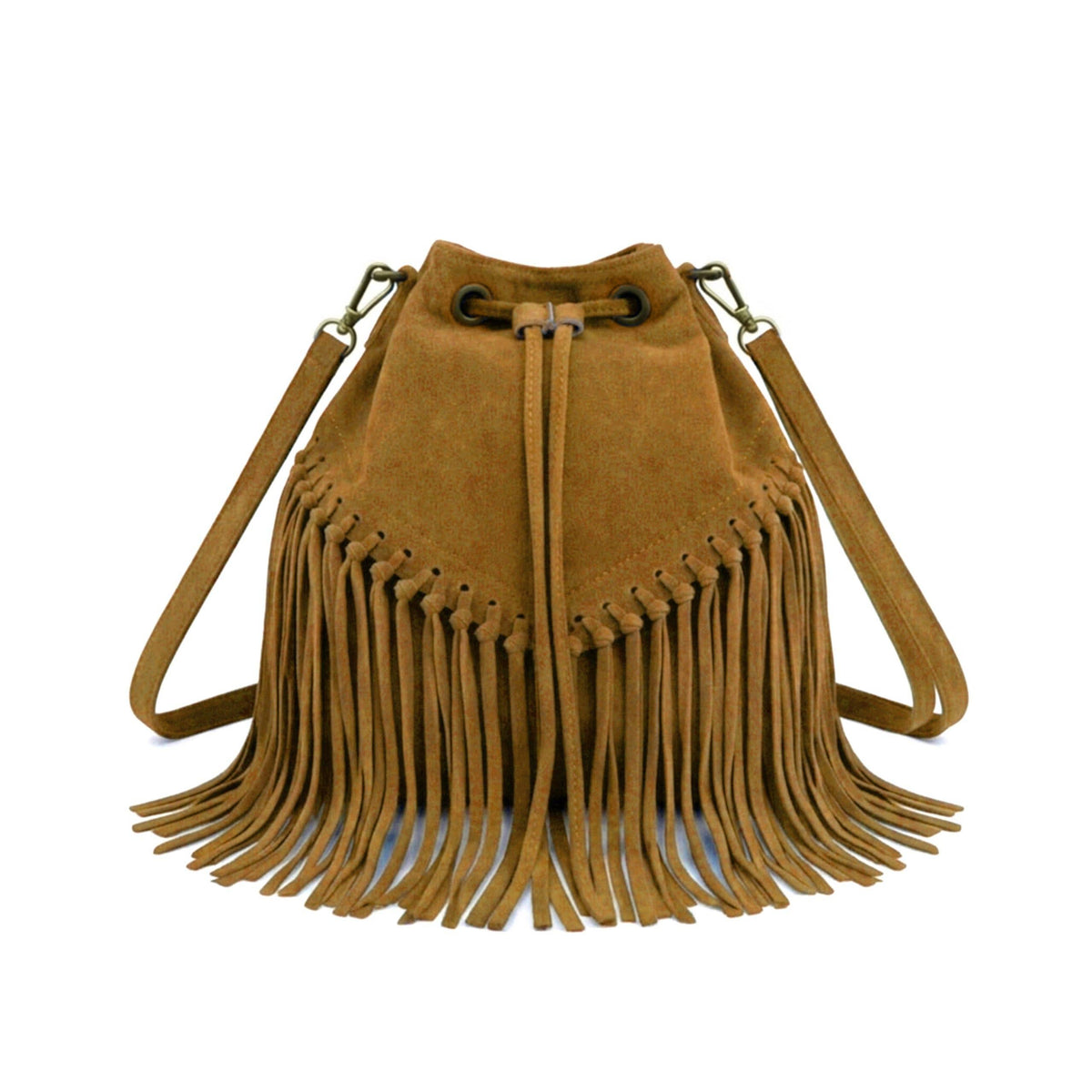 Soft Real Suede Leather Boho Fringe Bucket Shoulder Bag: BROWN
