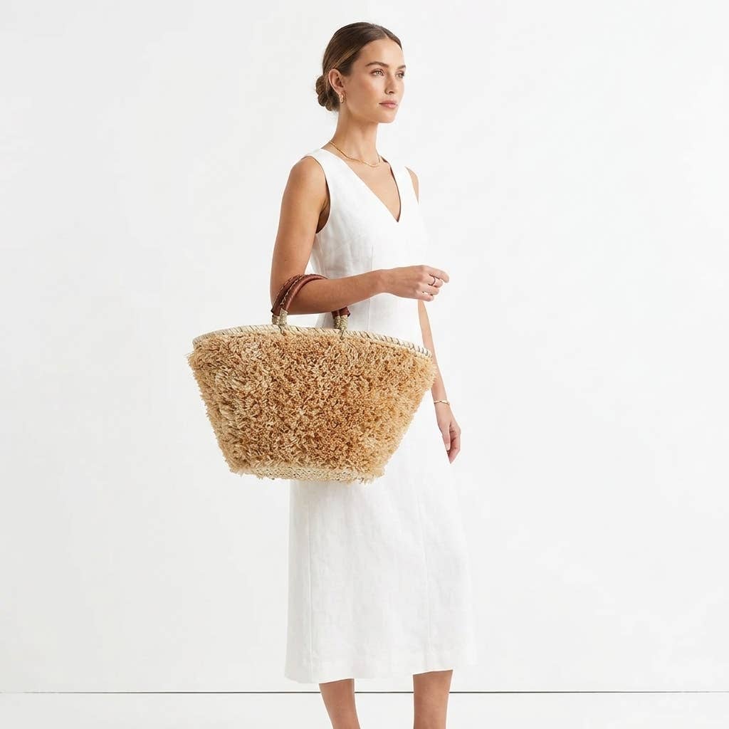 Handwoven Moroccan Palm Leaf Basket with Raffia Detail