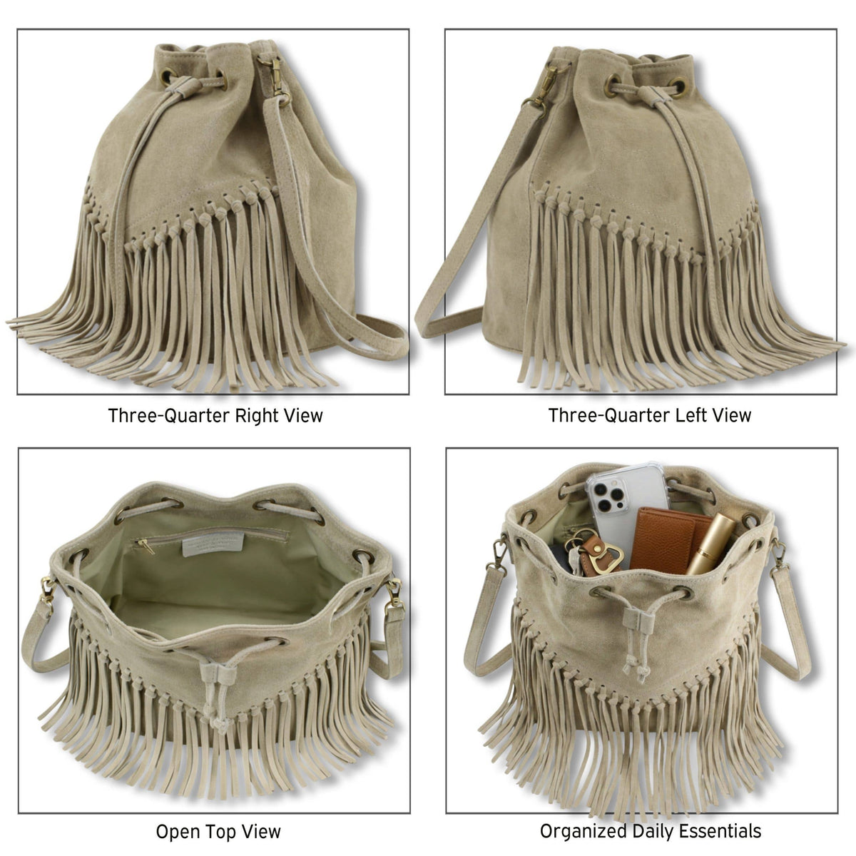 Soft Real Suede Leather Boho Fringe Bucket Shoulder Bag: KHAKI