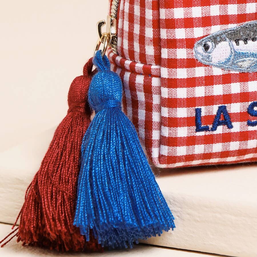 Red and White Gingham Fish Embroidery Pouch