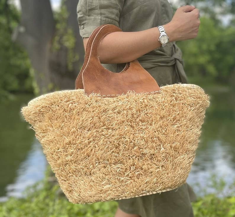 Handwoven Moroccan Palm Leaf Basket with Raffia Detail