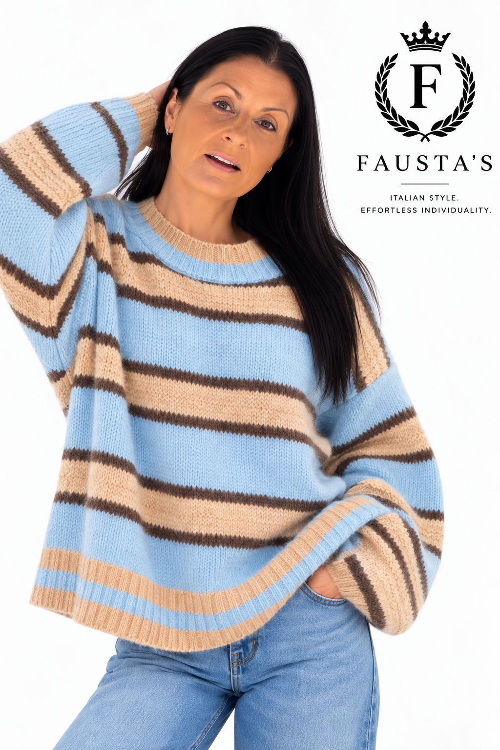 Blue, Beige & Mocha Striped Knitted Jumper