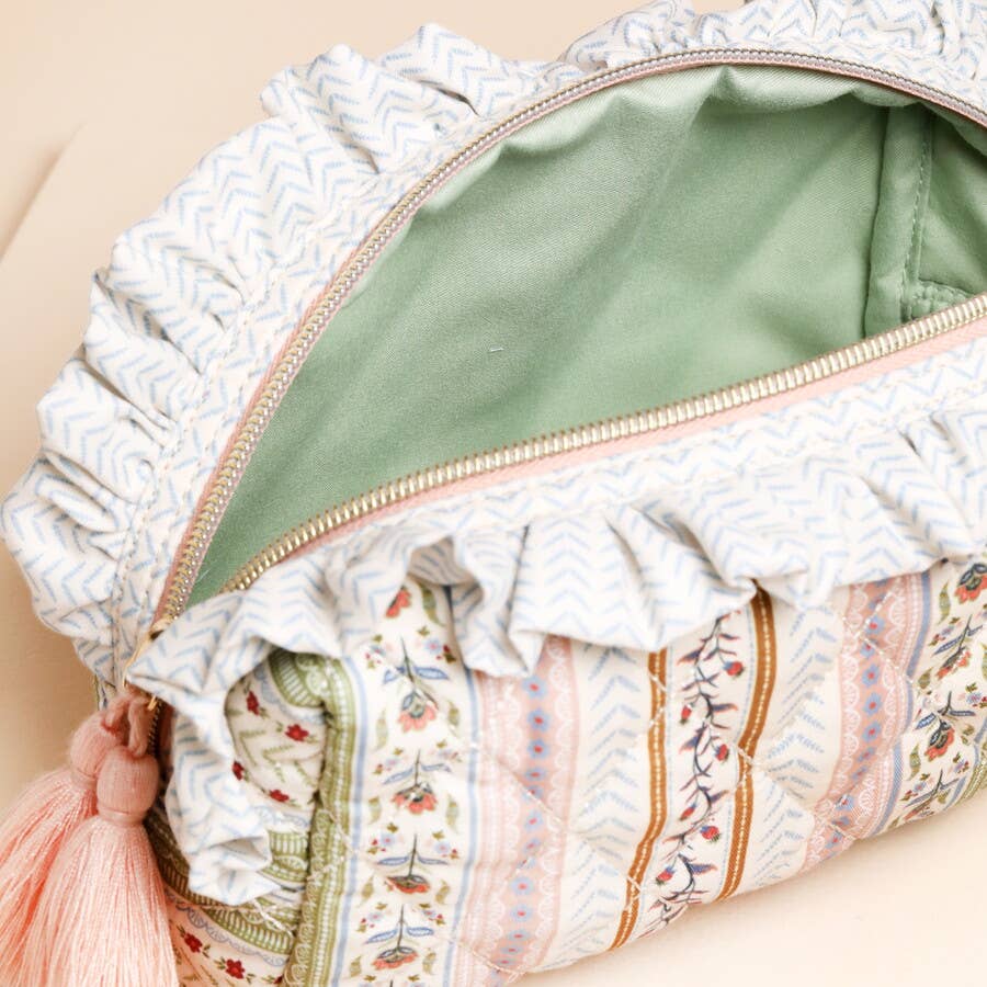 Green and Pink Floral Quilted Small Washbag