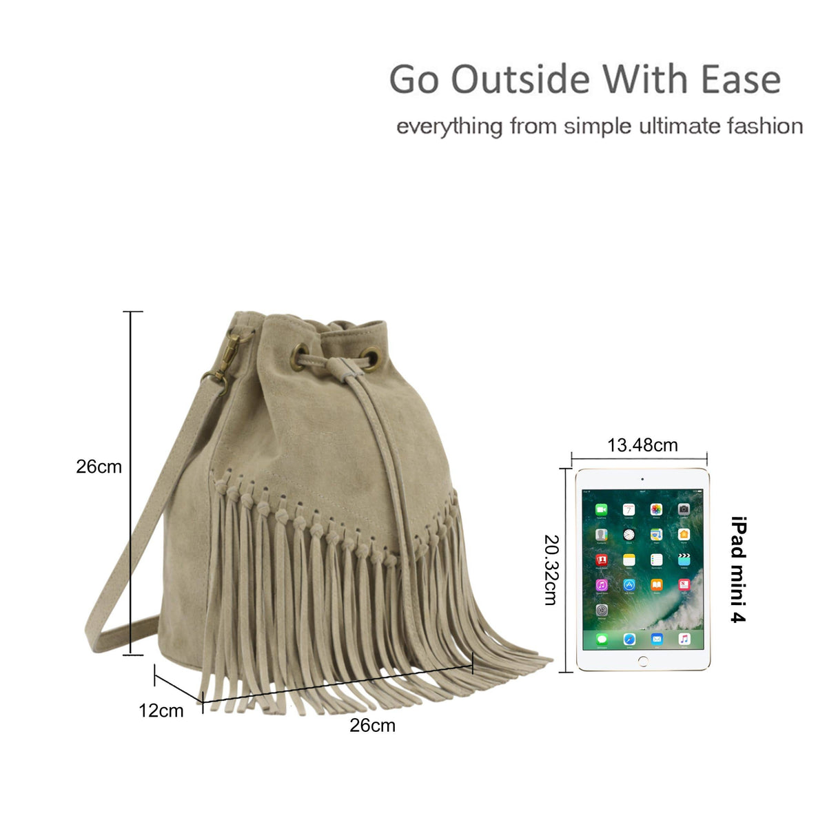 Soft Real Suede Leather Boho Fringe Bucket Shoulder Bag: COFFEE