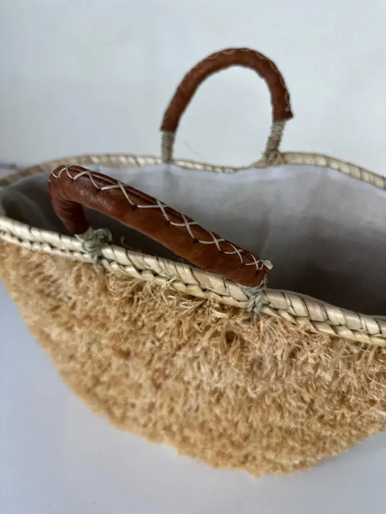 Handwoven Moroccan Palm Leaf Basket with Raffia Detail
