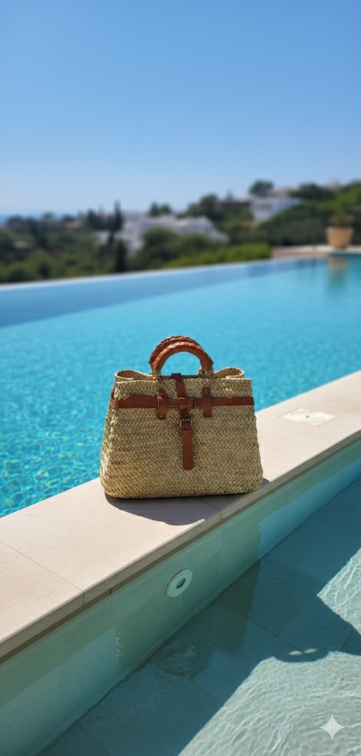 Handwoven Palm Leaf Beach Bag with Leather Handles