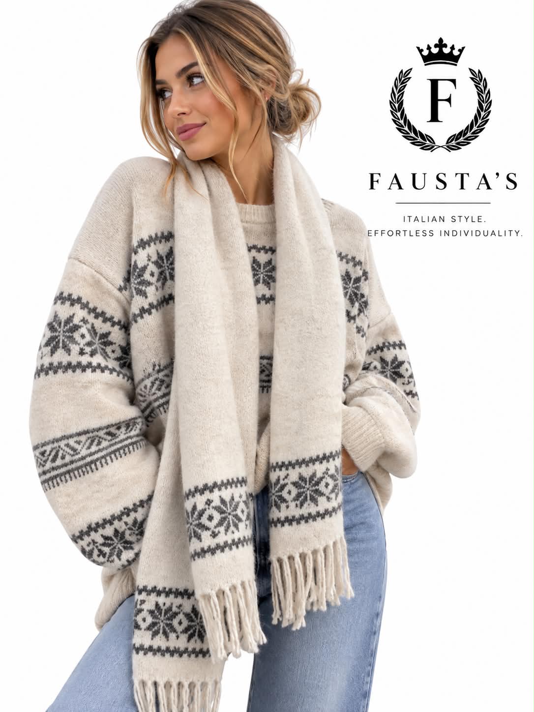 Cream & Charcoal Fair Isle Knitted Jumper & Scarf Set