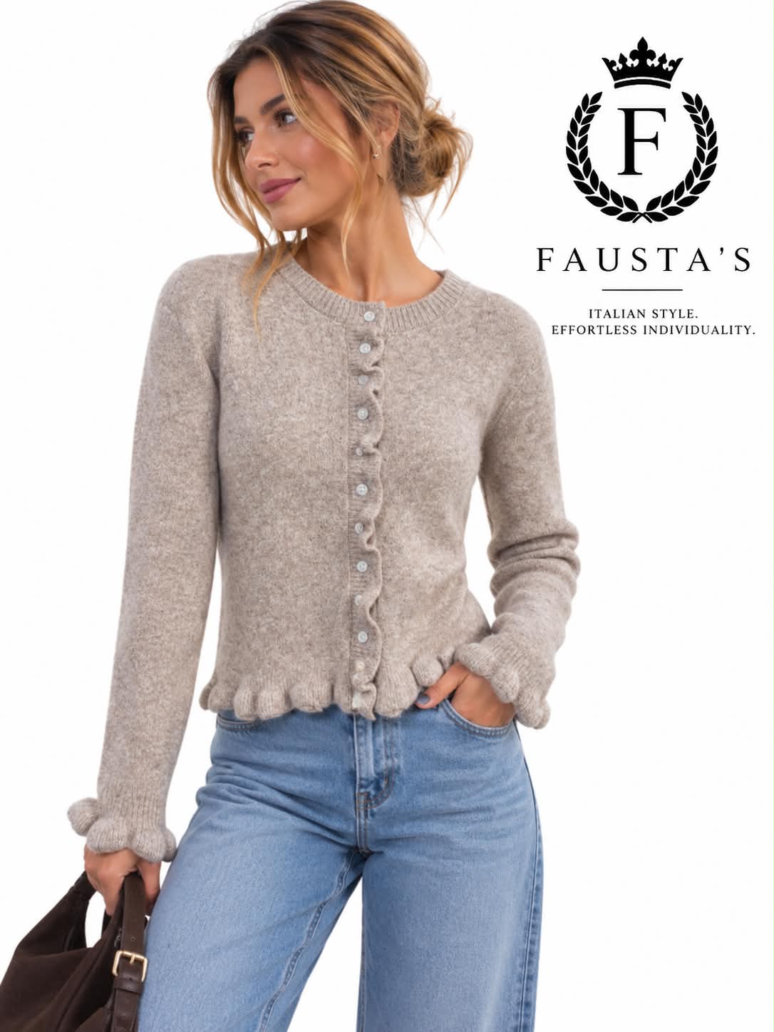 Oatmeal Lace Trim Knitted Cardigan Women's S/M & M/L