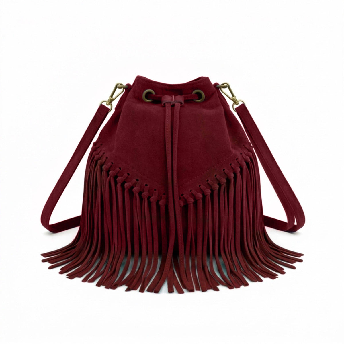 Soft Real Suede Leather Boho Fringe Bucket Shoulder Bag: BROWN