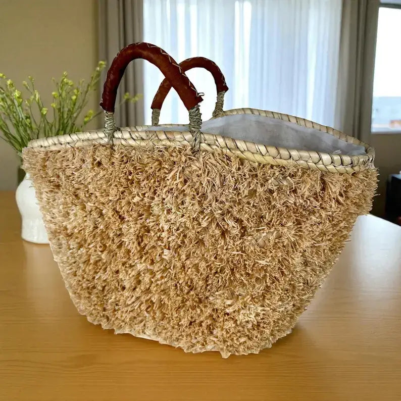 Handwoven Moroccan Palm Leaf Basket with Raffia Detail