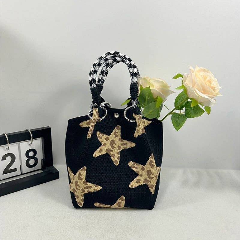 Leopard Star Canvas Tote Bag with Rope Handles: Black