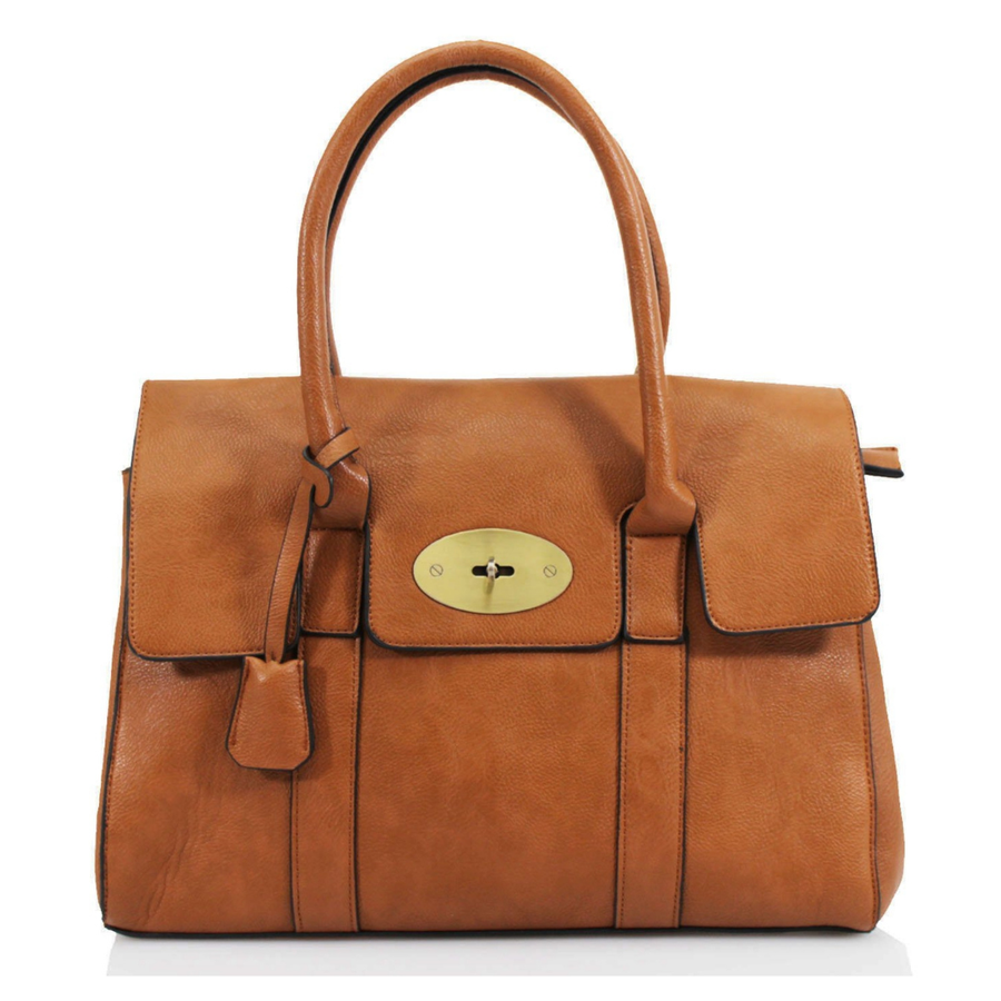 Fashion Design Twist Lock Tote Handbag with Strap: Brown