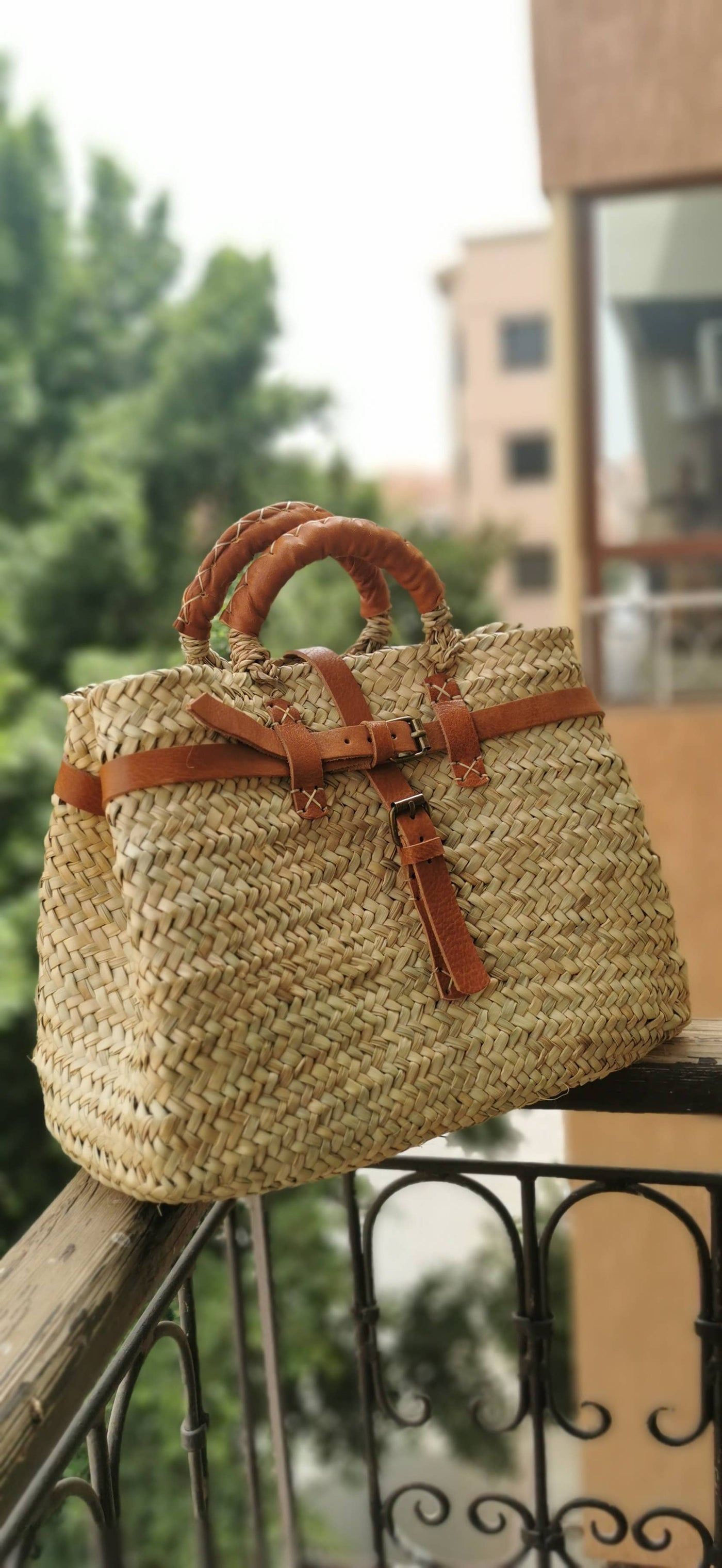 Handwoven Palm Leaf Beach Bag with Leather Handles