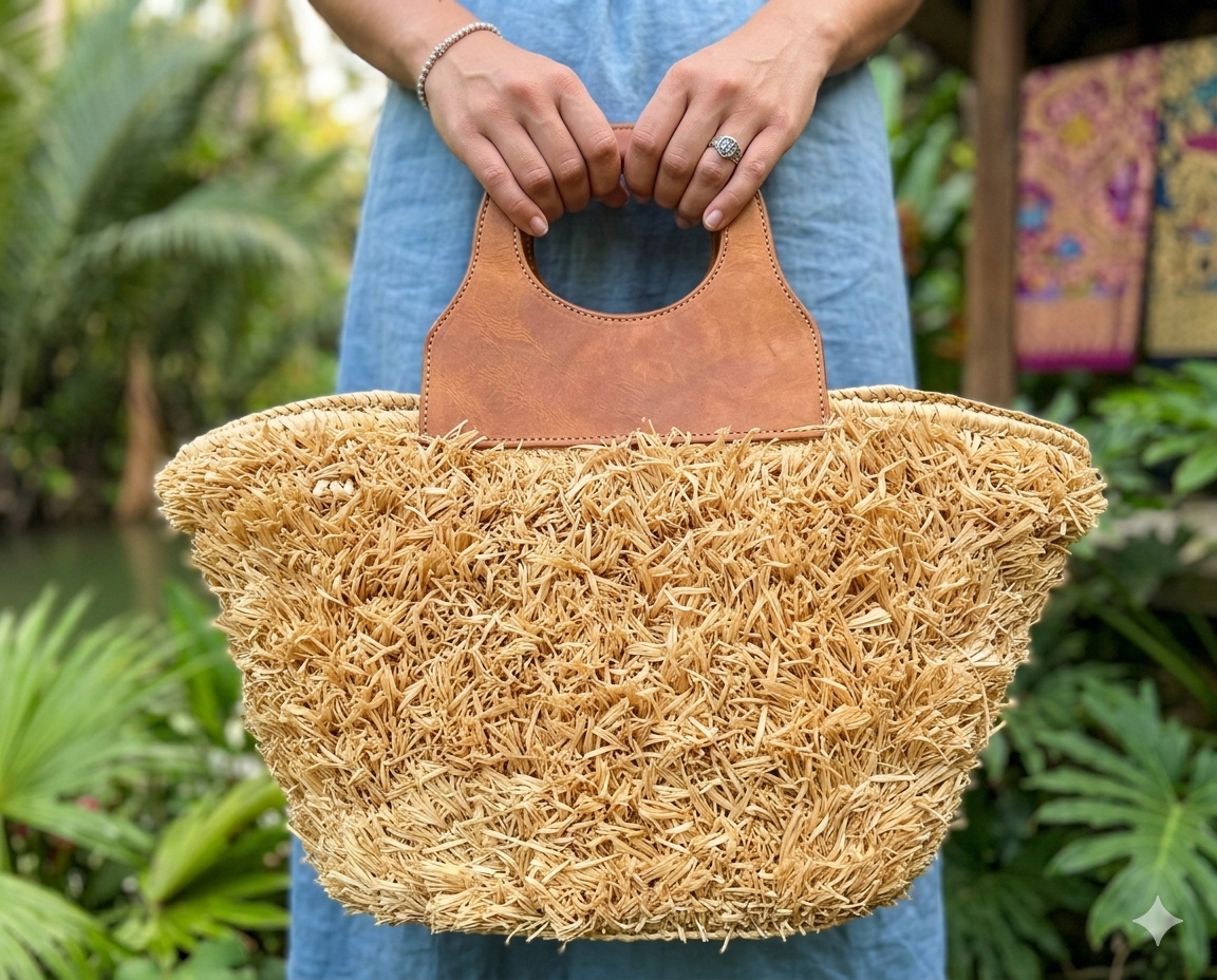 Handwoven Moroccan Palm Leaf Basket with Raffia Detail