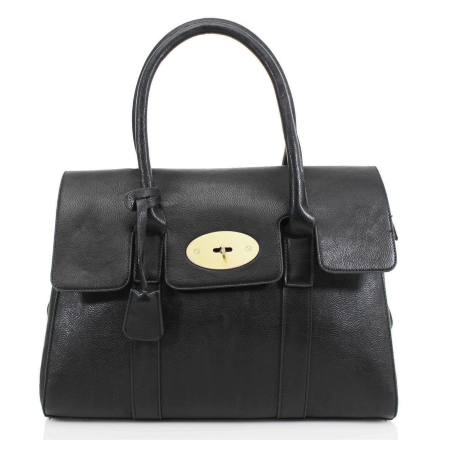 Fashion Design Twist Lock Tote Handbag with Strap: Black