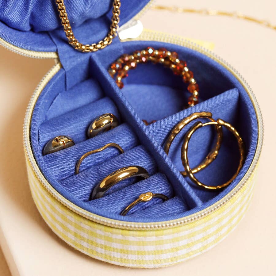 Yellow Gingham and Tomato Embroidery Round Travel Jewellery