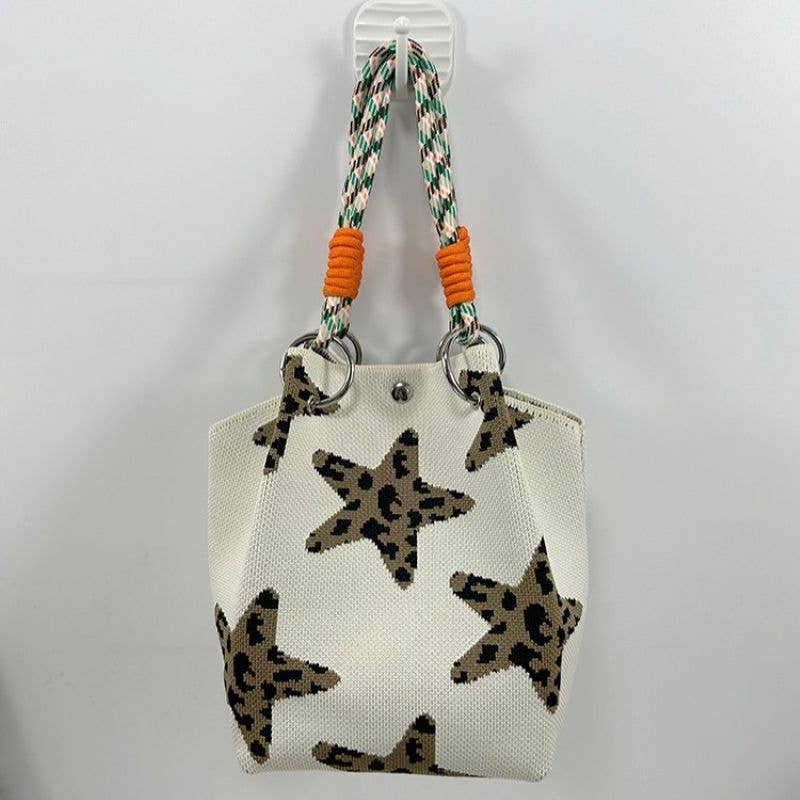 Leopard Star Canvas Tote Bag with Rope Handles: Cream