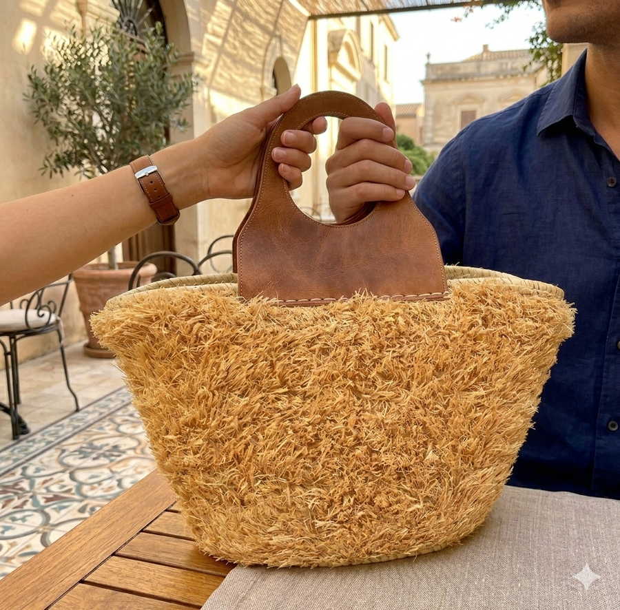 Handwoven Moroccan Palm Leaf Basket with Raffia Detail
