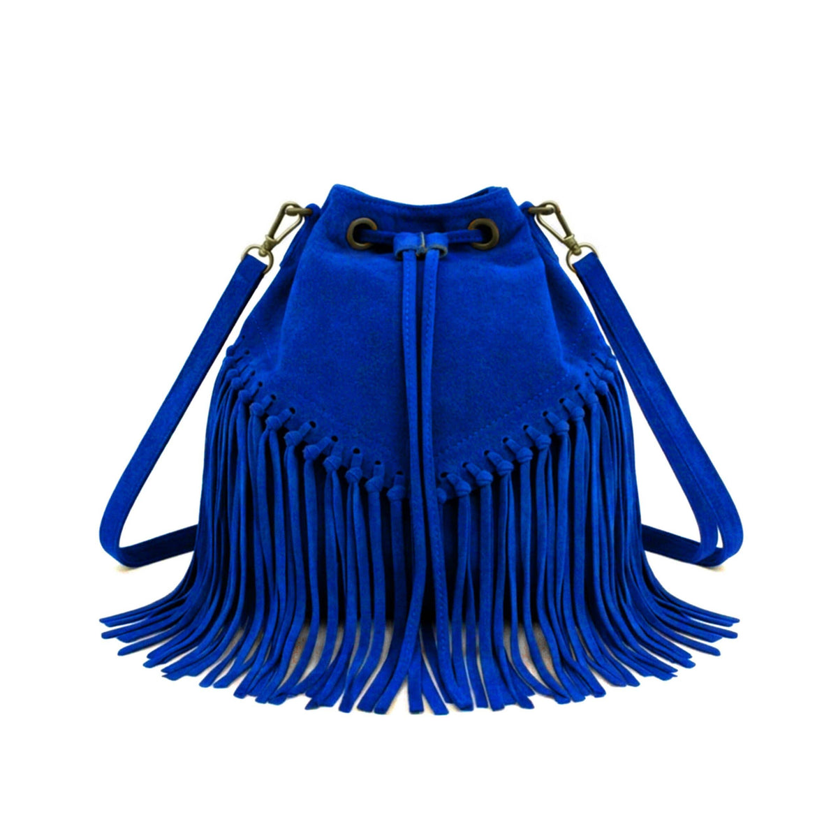 Soft Real Suede Leather Boho Fringe Bucket Shoulder Bag: BROWN